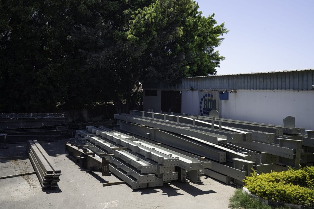Pre-engineered building PEB steel structure fabricated by SMI, stored at the Alexandria facility